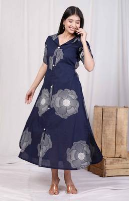 blue floral printed front buttoned a-line maxi dress 2