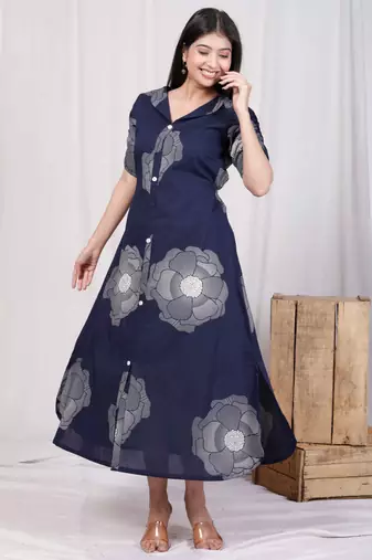 blue floral printed front buttoned a-line maxi dress
