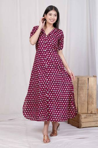 Doriyaan womens relaxed fit red floral printed a-line pure cotton midi dress