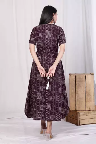 wine collar neck floral printed a-line party wear maxi dress