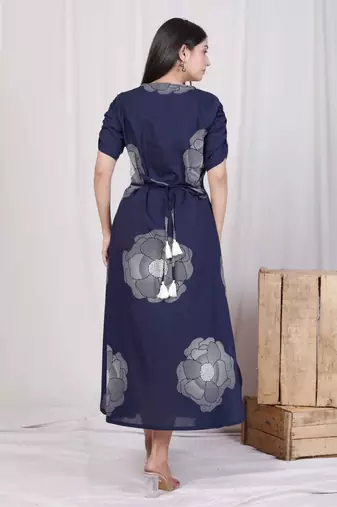 blue floral printed front buttoned a-line maxi dress