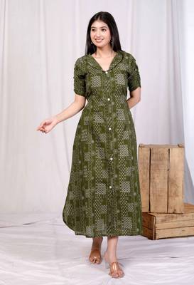 womens pure cotton floral printed green button down a-line midi dress 1