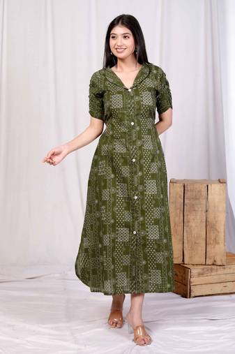 Doriyaan womens pure cotton floral printed green button down a-line midi dress
