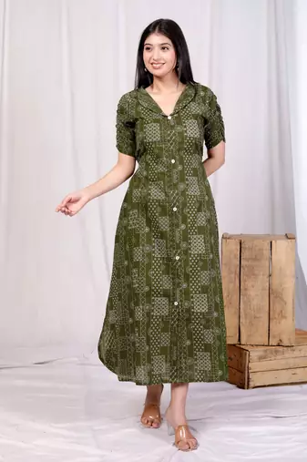 Doriyaan womens pure cotton floral printed green button down a-line midi dress