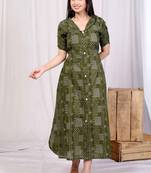 Doriyaan womens pure cotton floral printed green button down a-line midi dress