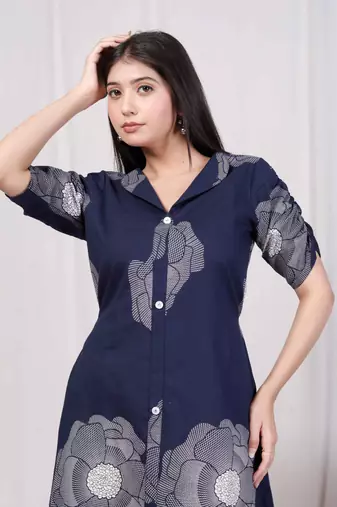 blue floral printed front buttoned a-line maxi dress