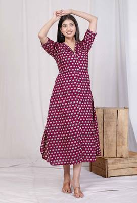 relaxed fit red floral printed a-line pure cotton midi dress 2