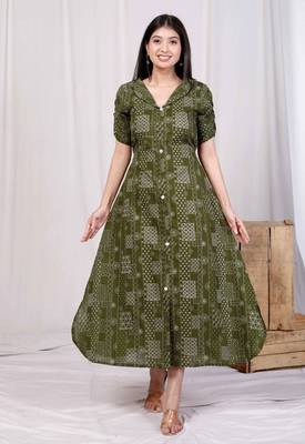  womens pure cotton floral printed green button down a-line midi dress 2