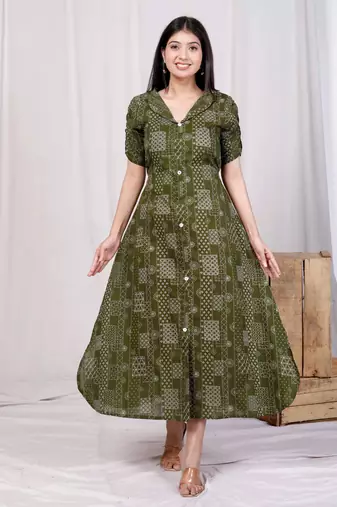  womens pure cotton floral printed green button down a-line midi dress