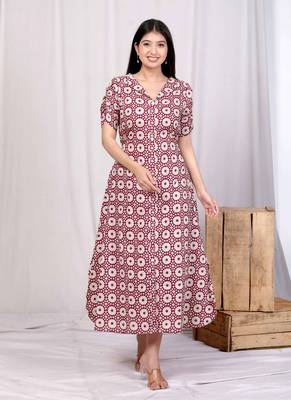 cotton floral printed cream a-line maxi dress with buttons 1