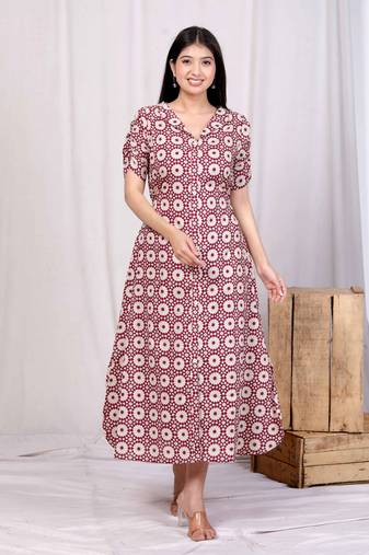  womens cotton floral printed cream a-line maxi dress with buttons