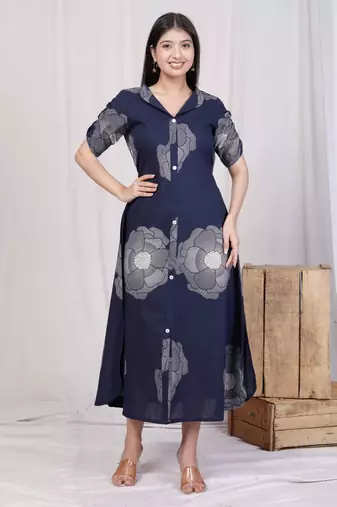 blue floral printed front buttoned a-line maxi dress