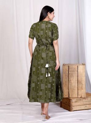  womens pure cotton floral printed green button down a-line midi dress 3