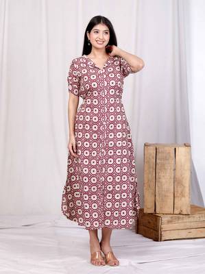 cotton floral printed cream a-line maxi dress with buttons 2