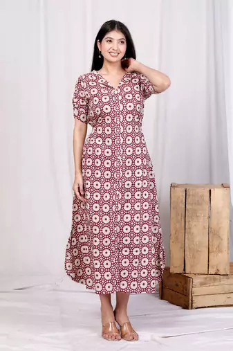 cotton floral printed cream a-line maxi dress with buttons
