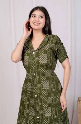  womens pure cotton floral printed green button down a-line midi dress 4