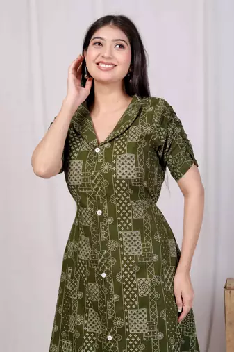  womens pure cotton floral printed green button down a-line midi dress