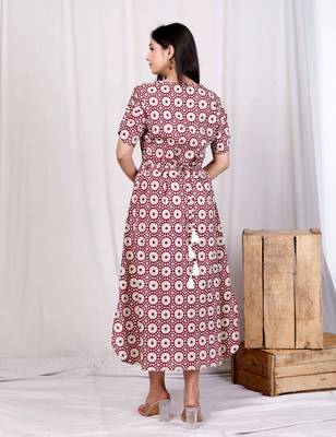 cotton floral printed cream a-line maxi dress with buttons 3