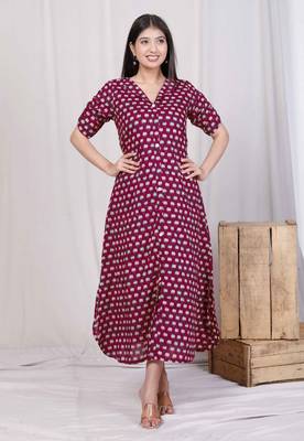 relaxed fit red floral printed a-line pure cotton midi dress 5