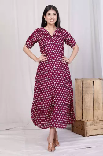 relaxed fit red floral printed a-line pure cotton midi dress