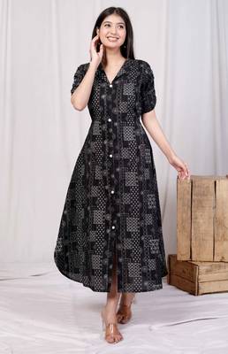 pure cotton black floral printed front button a-line midi dress 1