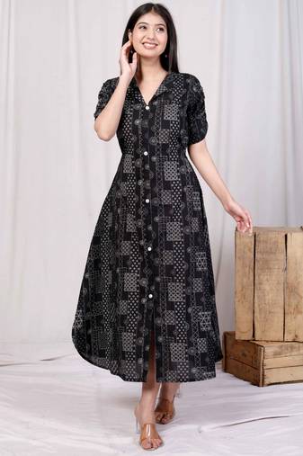 Doriyaan womens pure cotton black floral printed front button a-line midi dress