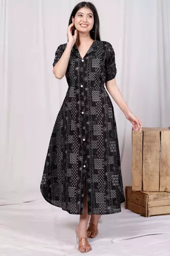 pure cotton black floral printed front button a-line midi dress
