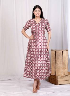 cotton floral printed cream a-line maxi dress with buttons 4
