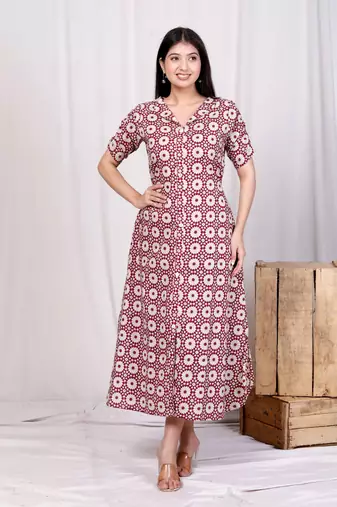 cotton floral printed cream a-line maxi dress with buttons