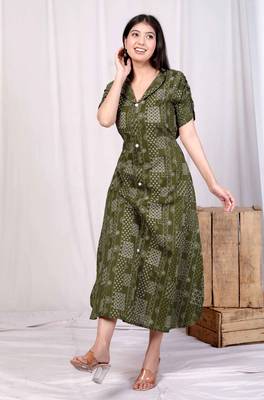  womens pure cotton floral printed green button down a-line midi dress 5