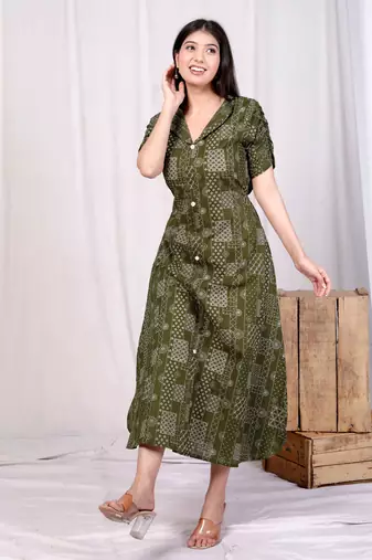  womens pure cotton floral printed green button down a-line midi dress