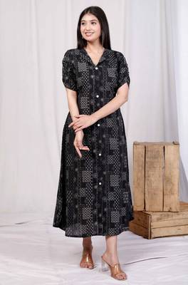pure cotton black floral printed front button a-line midi dress 2