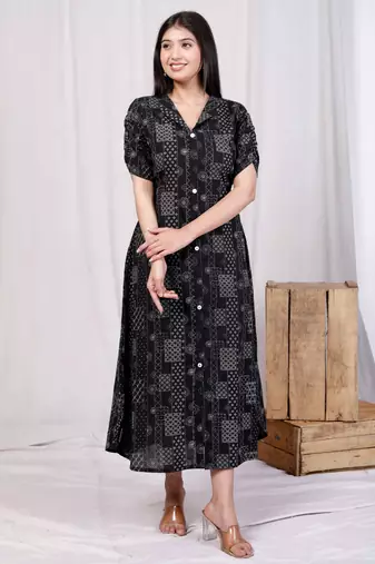 pure cotton black floral printed front button a-line midi dress