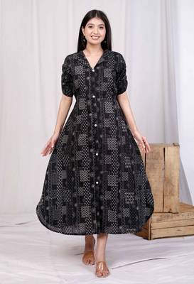 pure cotton black floral printed front button a-line midi dress 3
