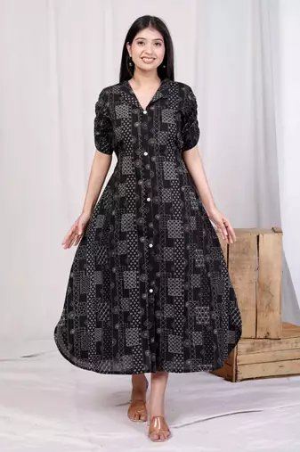 pure cotton black floral printed front button a-line midi dress