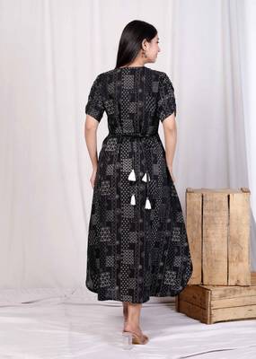 pure cotton black floral printed front button a-line midi dress 4