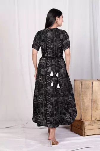 pure cotton black floral printed front button a-line midi dress