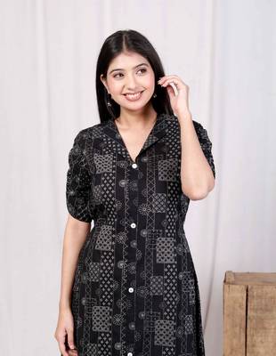pure cotton black floral printed front button a-line midi dress 5