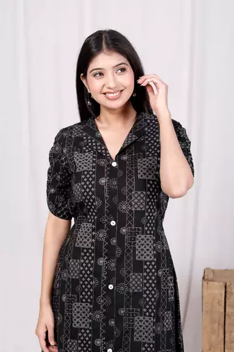 pure cotton black floral printed front button a-line midi dress