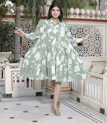 pure cotton green long puff sleeve gathered tiered loose fit a-line dress