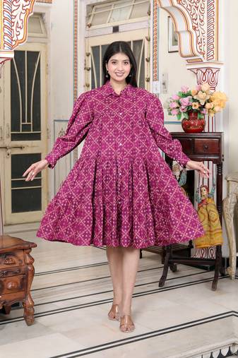  womens magenta collar neck long puff sleeve gathered tiered loose fit a-line dress