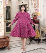 magenta collar neck long puff sleeve gathered tiered loose fit a-line dress