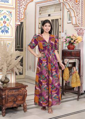 floral print puff sleeve pure cotton fit flare magenta butterfly maxi dress 1