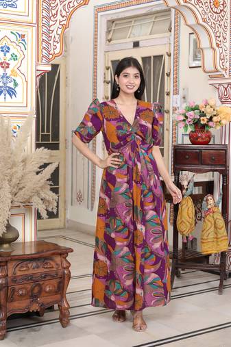  womens floral print puff sleeve pure cotton fit flare magenta butterfly maxi dress