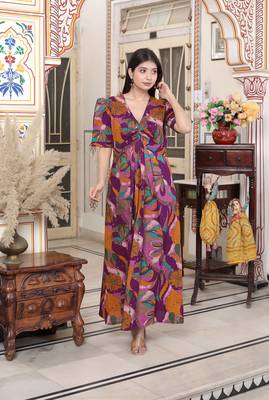 floral print puff sleeve pure cotton fit flare magenta butterfly maxi dress 2
