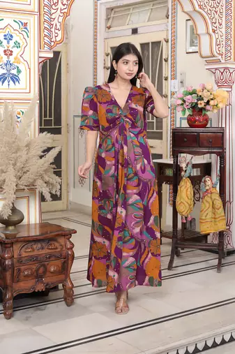 floral print puff sleeve pure cotton fit flare magenta butterfly maxi dress