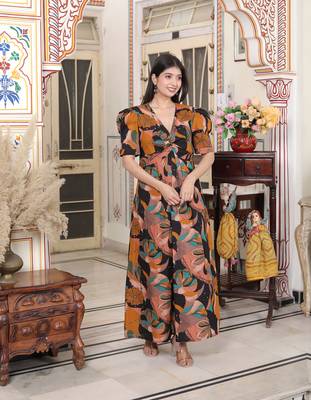 pure cotton black puff sleeve floral printed butterfly maxi dress 2