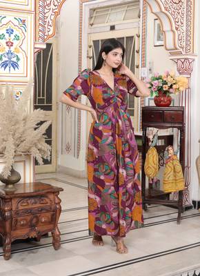 floral print puff sleeve pure cotton fit flare magenta butterfly maxi dress 3