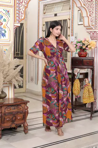 floral print puff sleeve pure cotton fit flare magenta butterfly maxi dress