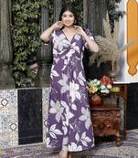 purple pleated puff sleeve floral pure cotton butterfly middi dress